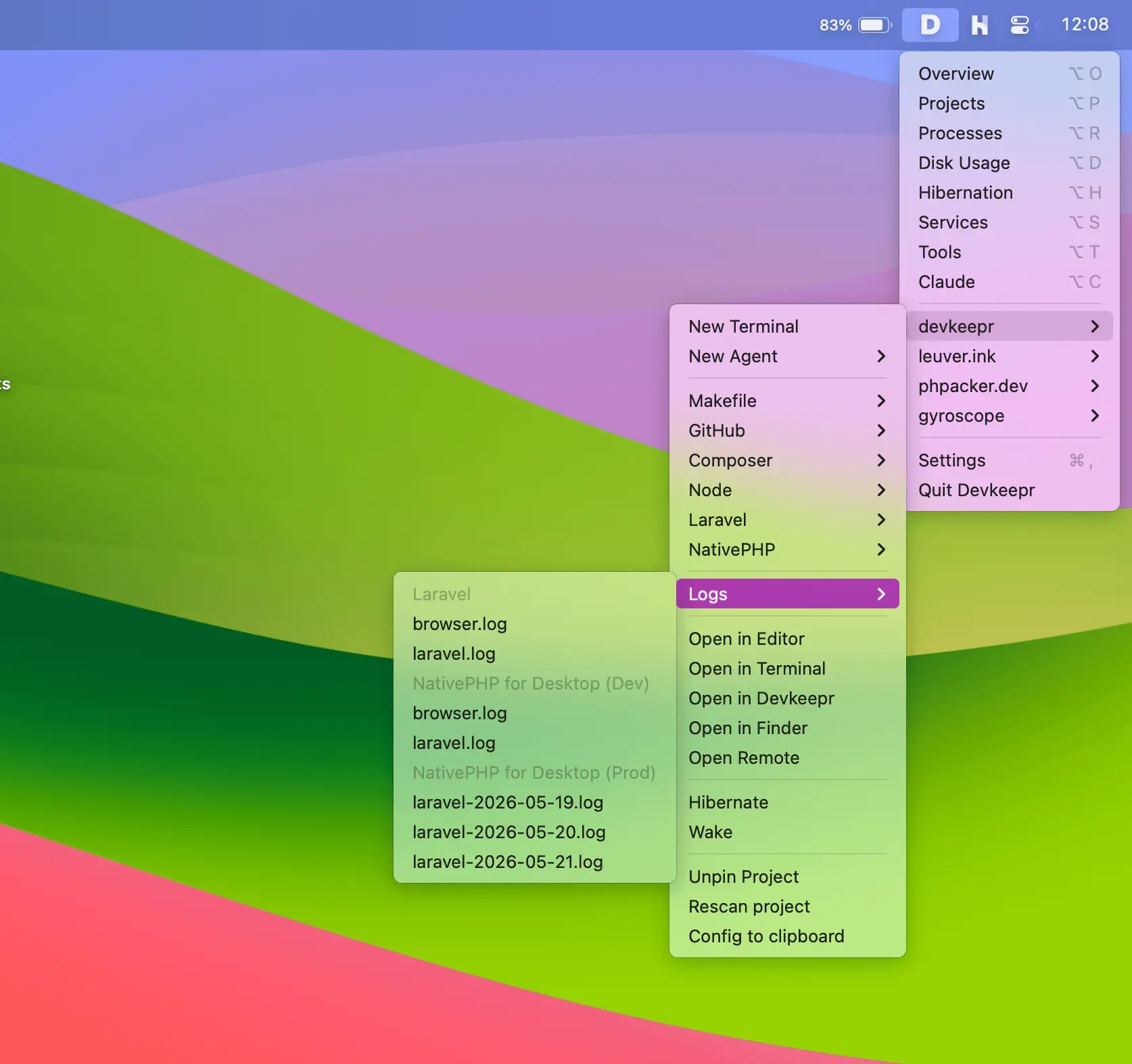 Menu bar action menu with project submenus, agent shortcuts, and a log file picker open