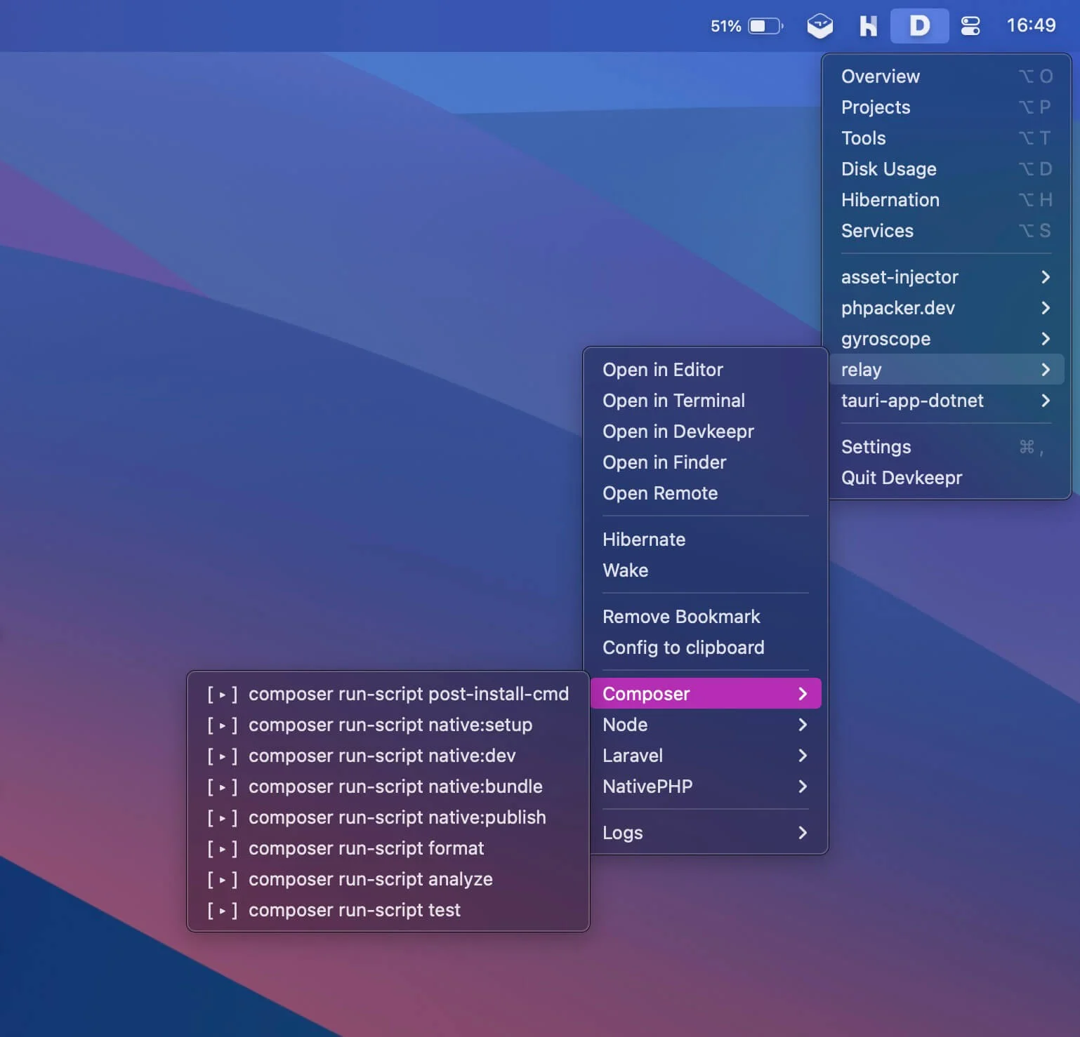 Menu bar with bookmarked project submenu and Composer scripts expanded