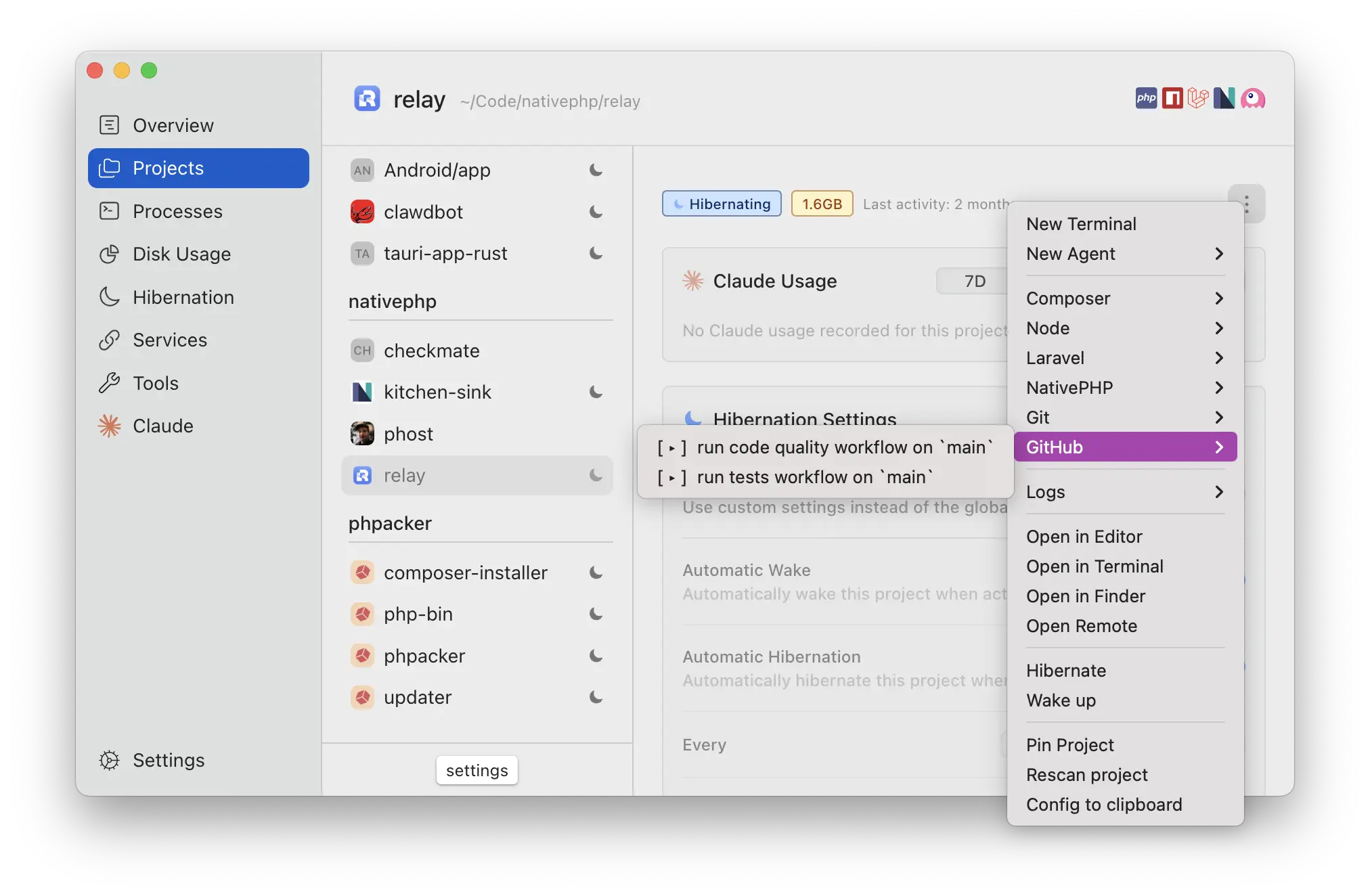 Project detail screen showing stack actions and log files