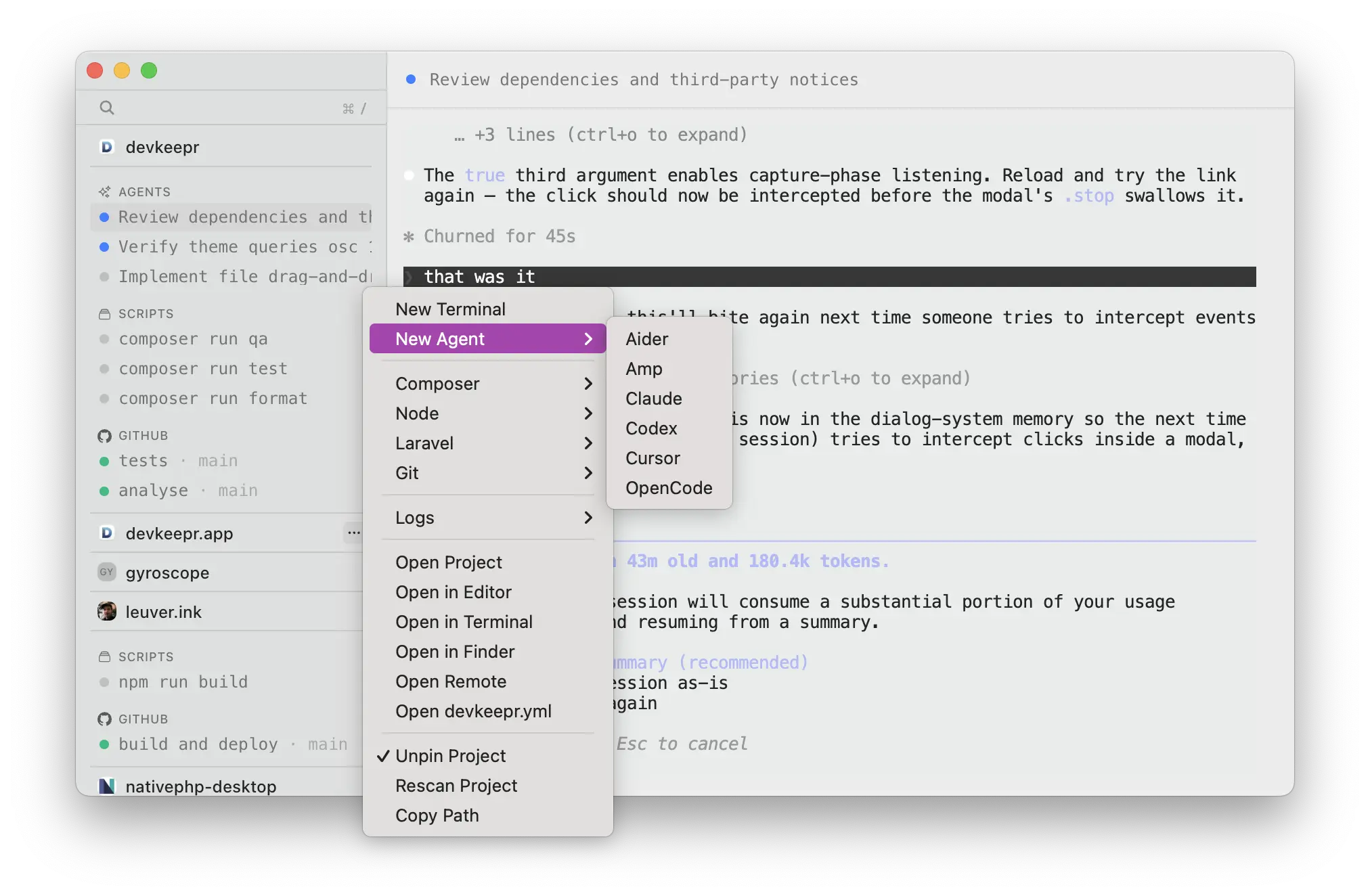 Spawning a new agent from the per-row context menu